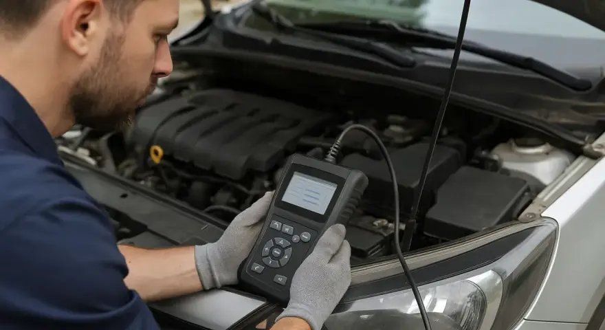Meccanico con scanner diagnostico controlla perché l'immobilizer auto non parte.
