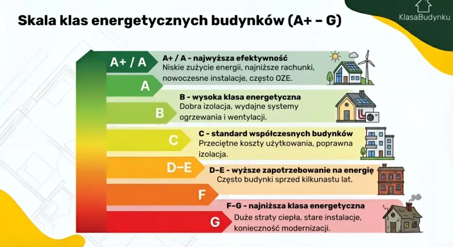 Skala klas energetycznych budynków (A+ do G). Od A+ (najwyższa efektywność, niskie rachunki) do G (najniższa klasa energetyczna, duże straty ciepła).