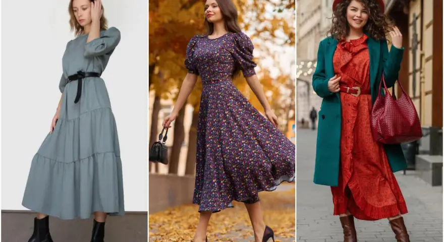 Tres mujeres lucen vestidos midi. Una lleva un vestido gris con botas negras. Otra, un vestido floral con tacones. La tercera, un vestido rojo con abrigo verde y botas. Ideas de qué ponerse encima de un vestido midi.