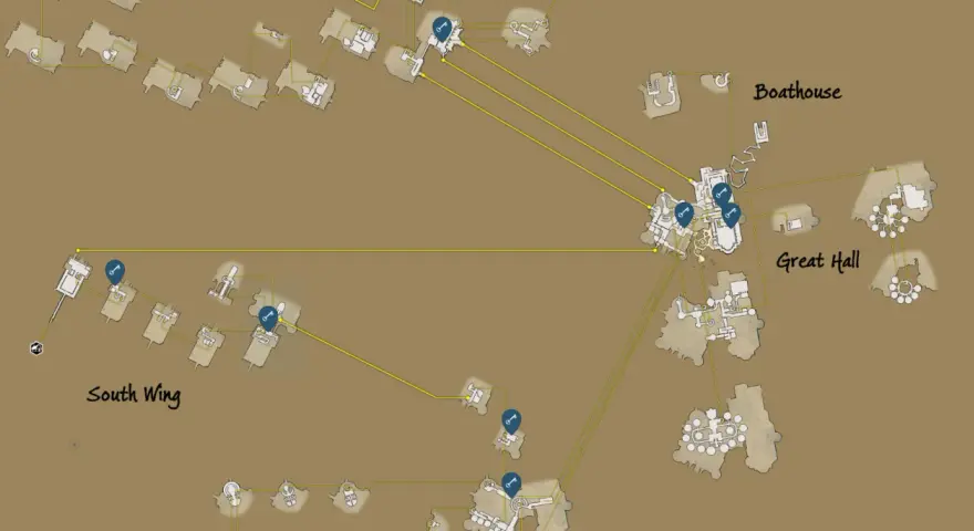 Mapa de Hogwarts Legacy con llaves del Dédalo marcadas. Muestra el Gran Comedor, el South Wing y el Boathouse.