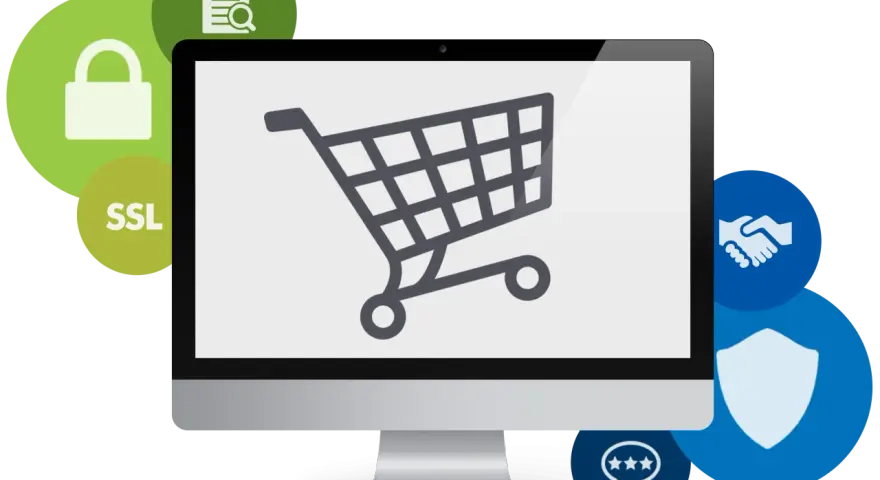 Komputer z ikonami symbolizującymi bezpieczeństwo (kłódka, tarcza, SSL) i zaufanie (dłoń, oceny) uczy, jak bezpiecznie kupować w internecie.