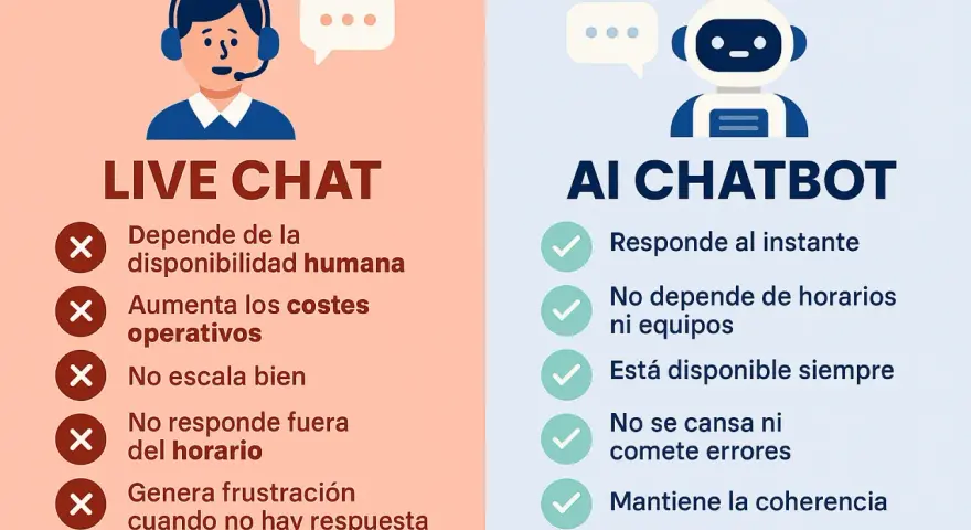 Comparativa entre Live Chat y AI Chatbot. La inteligencia artificial chat ofrece respuestas instantáneas y disponibilidad constante, a diferencia del chat humano.