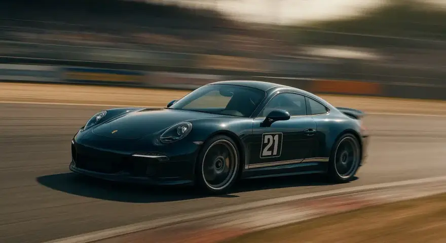 Une Porsche 911 noire, numéro 21, file sur un circuit. Le mouvement est capturé par un photo filé, créant un flou artistique autour de la voiture.