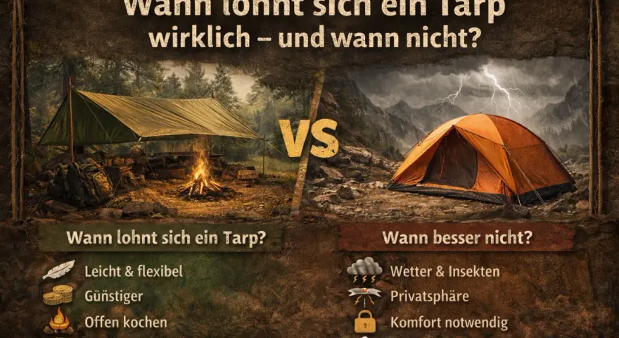 Ein Tarp bietet leichten Schutz beim Kochen im Freien. Ein Zelt ist besser bei schlechtem Wetter und für mehr Privatsphäre.