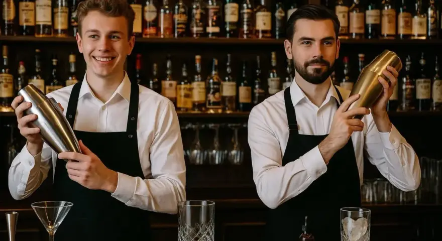 Dwóch barmanów w czarnych fartuchach i białych koszulach trzyma shakery do drinków na tle półek z butelkami alkoholu.