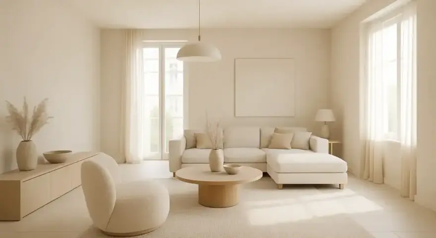 Salon w odcieniach beżu. Miękka sofa, okrągły stolik i puszysty fotel tworzą przytulną przestrzeń. Jak wygląda kolor beżowy? Jak na dłoni!