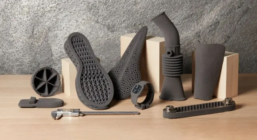 SLS TPU 3D printed objects: shoe sole, fan, cone, pipe, brace, and a timing belt.