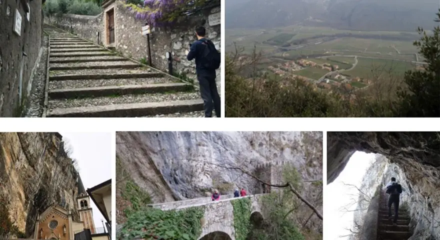 Un uomo sale una scalinata di pietra, parte del sentiero della speranza. Altri scorci mostrano un panorama, una chiesa rupestre e un ponte tra le rocce.