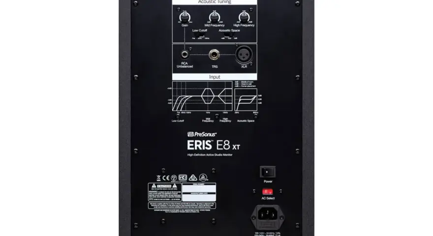 Tył monitora studyjnego PreSonus Eris E8 XT z pokrętłami Gain, Mid/High Frequency, Low Cutoff i złączami Input.