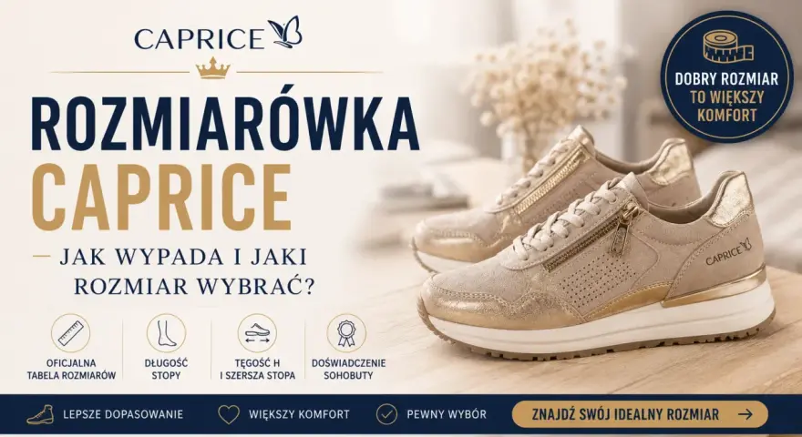 Złote sneakersy Caprice. Tabela rozmiarów pomoże dobrać idealny rozmiar, np. rozmiar 42 5 ile to cm, dla większego komfortu.
