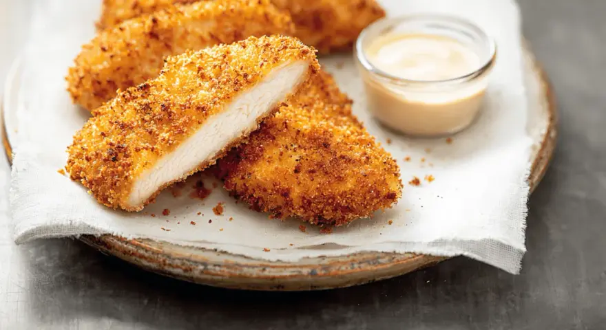 Délicieux poulet pané croustillant, coupé en deux pour montrer sa tendreté, servi avec une sauce crémeuse.