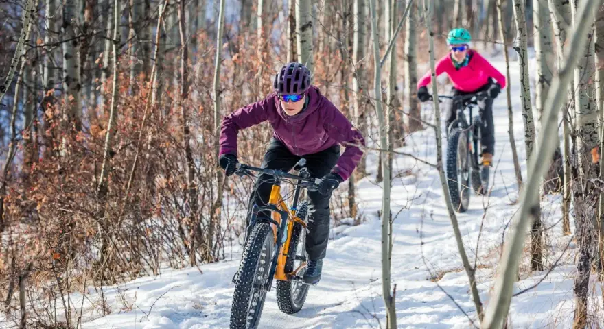 Two people enjoy a winter mtb ride on a snowy trail through a birch forest.