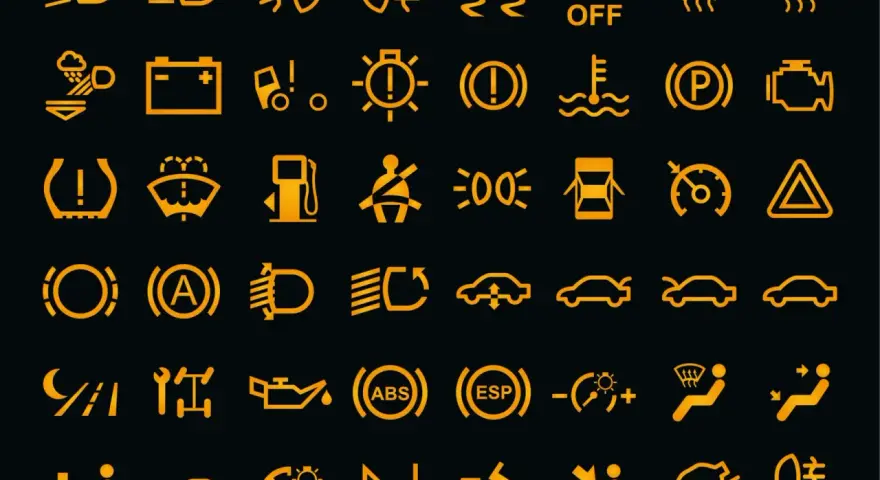 Żółta opis kontrolek na desce rozdzielczej: światła, akumulator, hamulec, silnik, pasy, paliwo, ESP, ABS i inne ostrzeżenia.