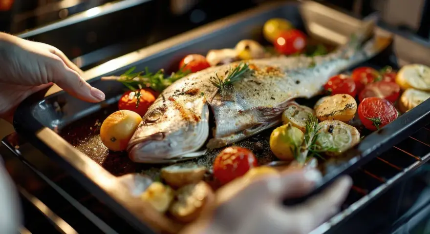 Un delicioso pargo al horno con tomates cherry, patatas y romero, listo para ser servido.
