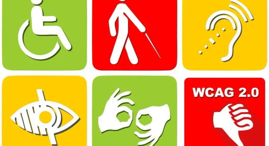 Ikony symbolizujące dostępność dla osób z niepełnosprawnościami: wózek, niewidomy, słuch, wzrok, język migowy, WCAG 2.0. Kto stoi za nowymi standardami dostępności dla osób niepełnosprawnych na działkach?