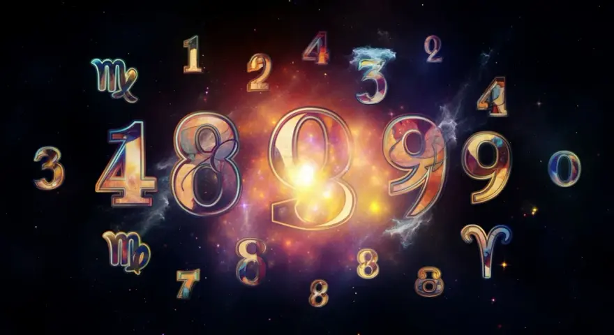 Lśniące cyfry i znaki zodiaku na tle kosmicznej mgławicy. W centrum liczby 8 i 9, symbolizujące potencjalny numerologiczna 11 partner.