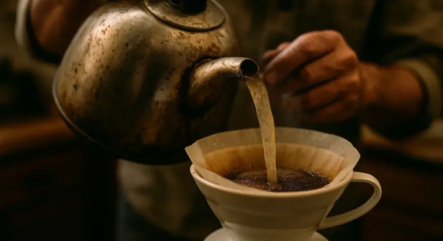 Här hälls varmt vatten över kaffepulver i ett filter. Ett perfekt iskaffe recept börjar med omsorgsfull bryggning.