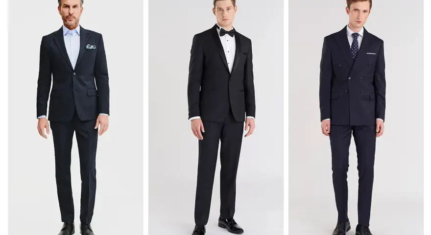 Trzech mężczyzn prezentuje eleganckie pan młody stylizacje: klasyczny granatowy garnitur, czarny smoking i dwurzędowy garnitur w kratę.