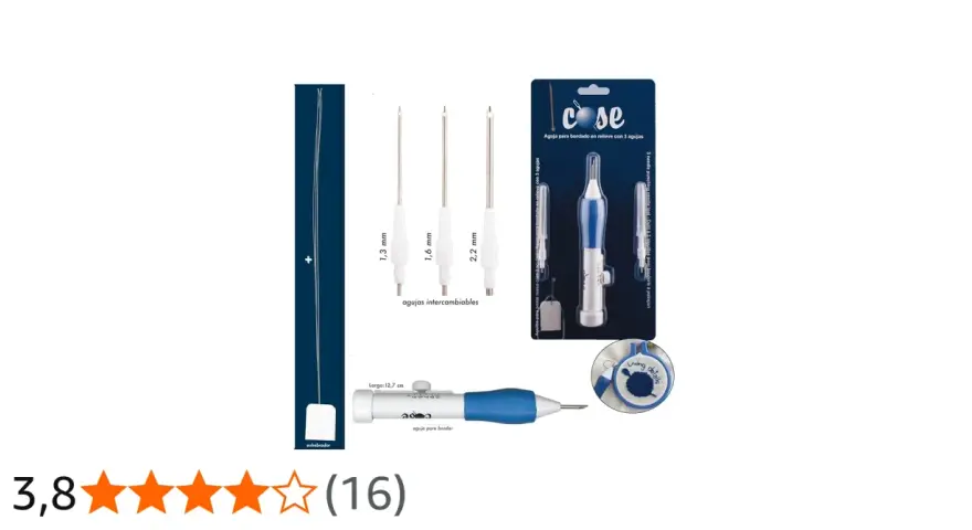 Kit de aguja de bordar a mano con 3 agujas intercambiables de diferentes grosores (1,3 mm, 1,6 mm, 2,2 mm) y enhebrador.