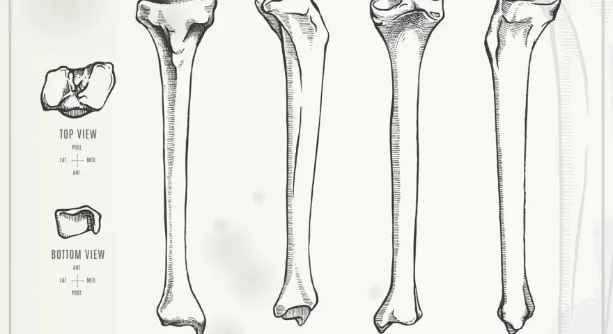 Ilustracja przedstawia prawą kość piszczelową i strzałkową z różnych perspektyw: widok z góry, z dołu, z przodu, z boku, z tyłu i od wewnątrz.