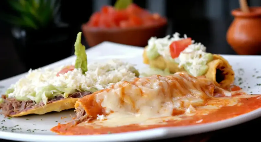 Enchiladas och en tostad med ost, guacamole och kött. En härlig tallrik med mexikansk mat som ser utsökt ut.