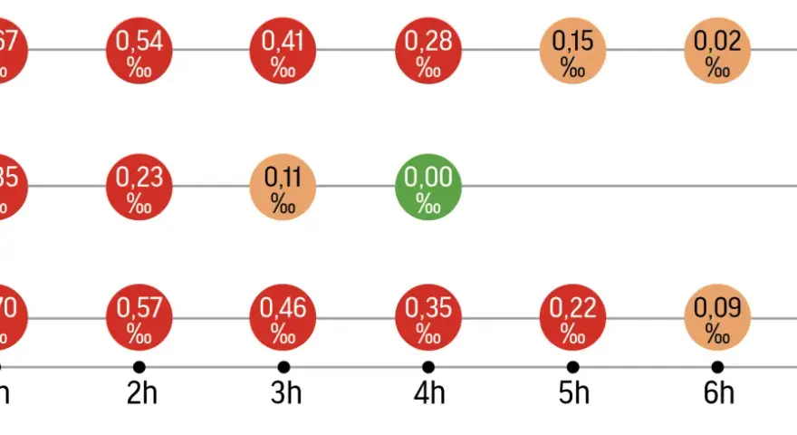 Wykres pokazuje, po jakim czasie alkohol znika z krwi po spożyciu różnych ilości. Po 7 godzinach stężenie alkoholu we krwi spada do 0,00‰.