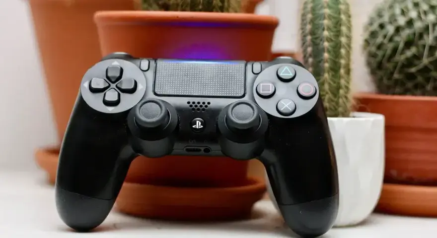Czarny pad do PlayStation, gotowy do gry. W tle kaktusy w doniczkach.