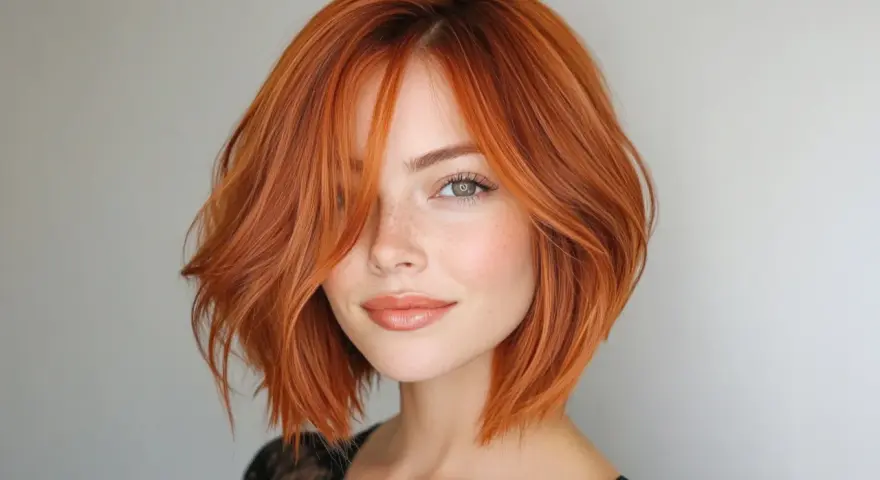 Mujer con melenas cortas con volumen, teñidas de un vibrante color cobrizo, con pecas y labios brillantes.