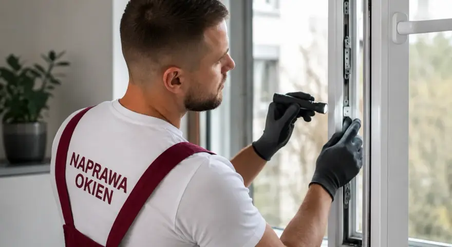 Fachowiec z latarką sprawdza mechanizm, bo okno nie chce się zamknąć. Naprawa okien to jego specjalność.