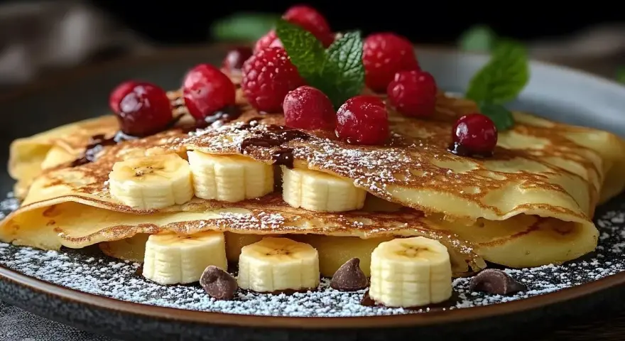 Deliziose crepes dolci con banane, lamponi e gocce di cioccolato, una perfetta ricetta per la colazione o la merenda.