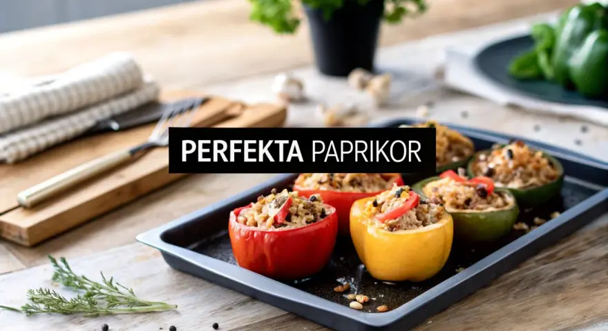 Fyllda paprikor med ris och grönsaker på en plåt, redo att tillagas.