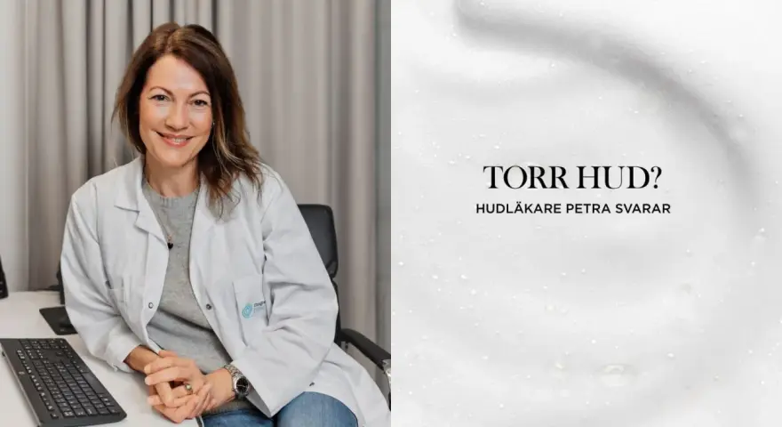 Hudläkare Petra svarar på frågan "Torr hud?". Hon rekommenderar troligen Miniderm Duo Ansikte för att behandla torr hud.