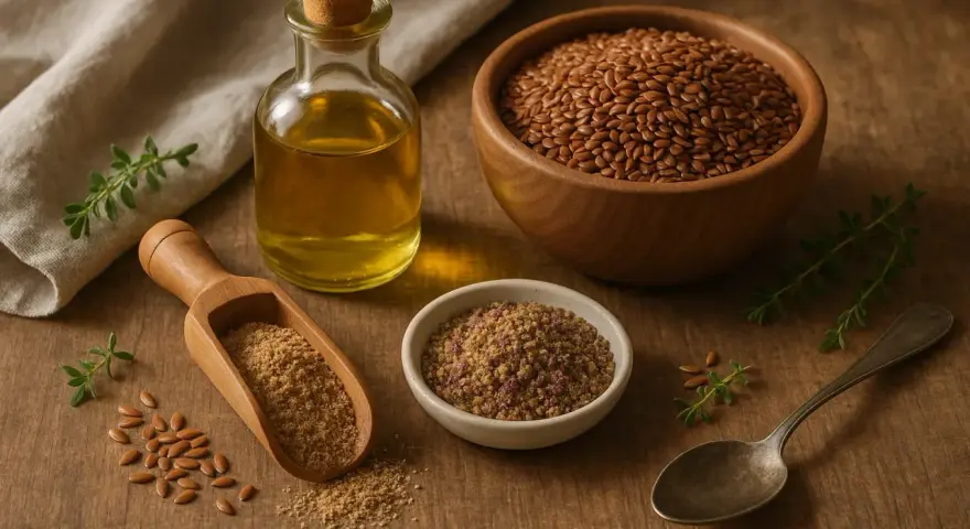 Olio di lino cotto o crudo, semi interi, macinati e in polvere, disposti su un tavolo di legno con erbe aromatiche.
