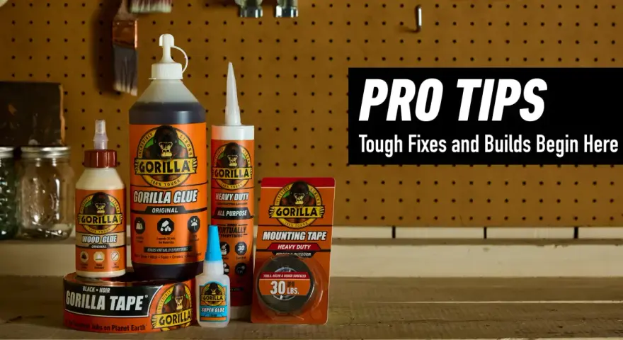 A collection of Gorilla Glue products, including wood glue, original glue, heavy duty construction adhesive, super glue, mounting tape, and black tape, displayed as a guide for tough fixes.