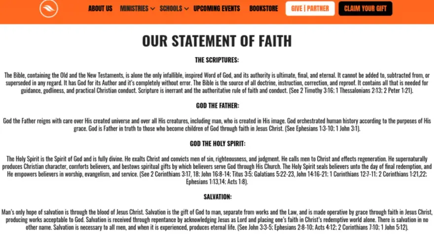 Our statement of faith details beliefs in the Scriptures, God the Father, the Holy Spirit, and salvation through Jesus Christ.