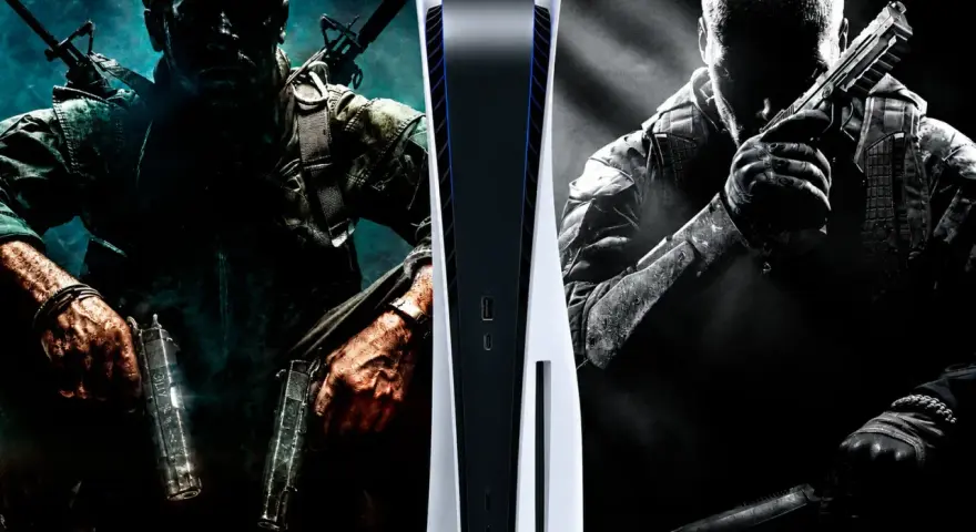 Soldados listos para la acción en Call of Duty Black Ops 2, con una PlayStation 5 en el centro.