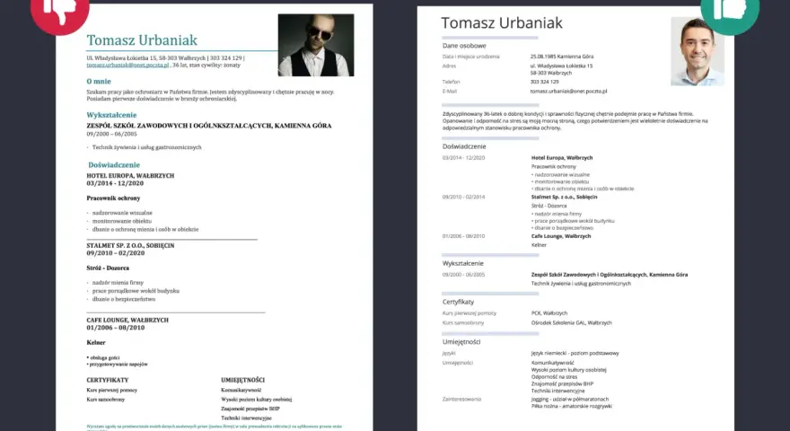CV Tomasza Urbaniaka: doświadczenie jako pracownik ochrony, kelner, wykształcenie gastronomiczne. Umiejętności: komunikatywność, BHP, techniki interwencyjne.