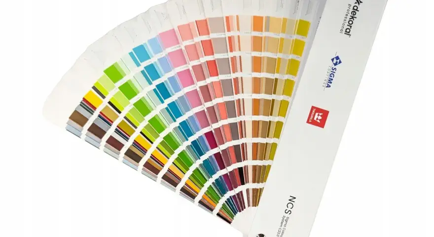 Otwarta paleta kolorów, prezentująca szeroki wachlarz odcieni zieleni, błękitów, różów i brązów. Każdy pasek to próbka koloru pantone, idealna do wyboru idealnego odcienia.