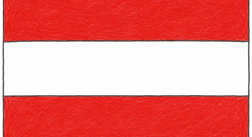 Flaga Austrii, prosta i elegancka, z czerwonymi pasami na górze i dole, oddzielonymi białym środkiem.