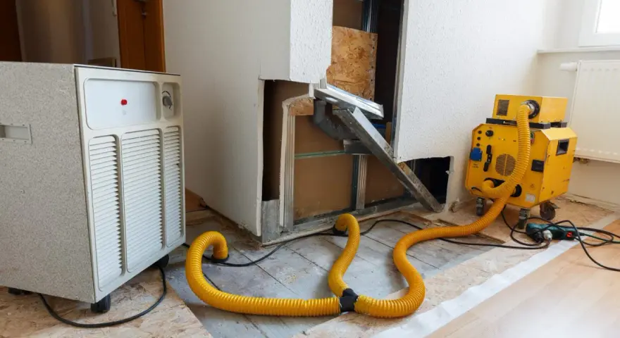 Geräte für technische Trocknung im Einsatz: Ein großer weißer Luftentfeuchter und ein gelbes Gerät mit gelbem Schlauch, die Feuchtigkeit aus einem beschädigten Bereich leiten.