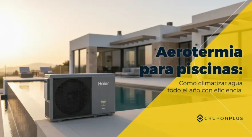 Unidades de aerotermia para piscinas junto a una piscina moderna. Disfruta del agua templada todo el año con eficiencia.