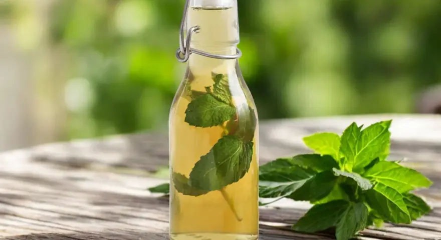 Une bouteille de sirop de menthe maison, avec des feuilles de menthe fraîche à côté, sur une table en bois.