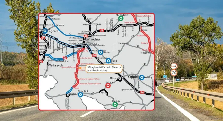 Mapa drogowa z zaznaczonymi trasami S3, S5, S8, A4, A8. Widoczne miasta: Wrocław, Legnica, Wałbrzych, Opole. M28 rozkład jazdy.