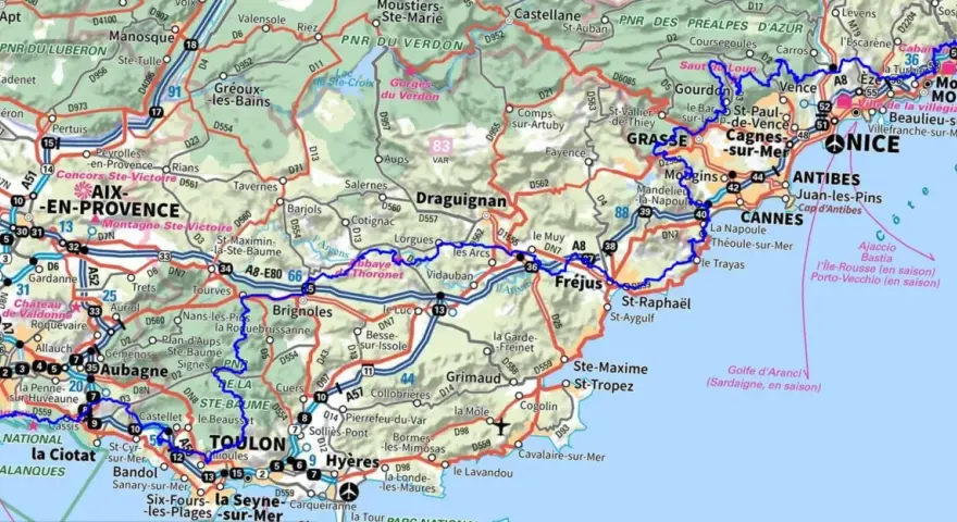 Carte routière de la région PACA, avec les autoroutes A8, E80 et des routes nationales. La gr 51 est visible.