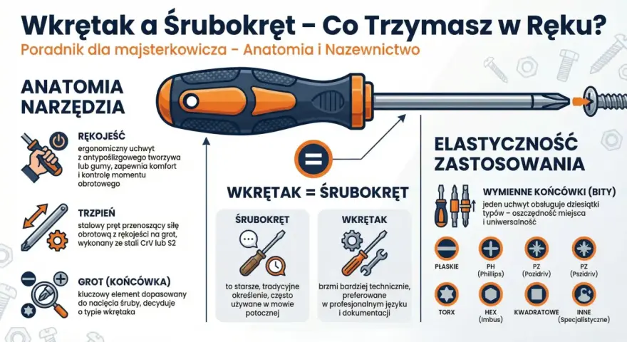 Ilustracja wyjaśnia różnicę między wkrętakiem a śrubokrętem, pokazując ich budowę i zastosowanie.