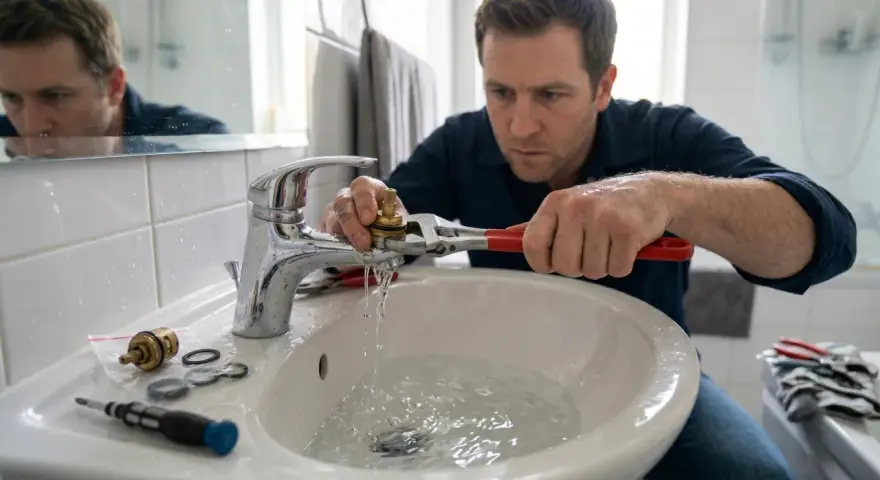 Plombier répare un robinet qui fuit dans une salle de bain. L'eau coule dans le lavabo pendant qu'il utilise une clé.