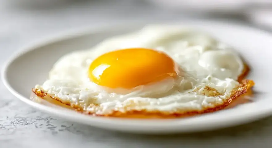 Un œuf au plat parfait, cuit à la perfection dans l'air fryer, avec un jaune d'or éclatant sur un lit de blanc d'œuf aérien.