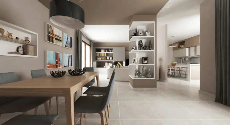 Un soggiorno moderno con tavolo da pranzo, sedie grigie e scaffali bianchi. I soffitti colorati tortora creano un'atmosfera calda e accogliente.