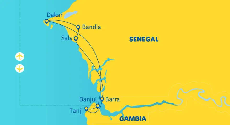 Mapa podróży po Senegalu i Gambii, Afryka Zachodnia. Trasa obejmuje Dakar, Saly, Bandię, Tanji, Banjul i Barrę.