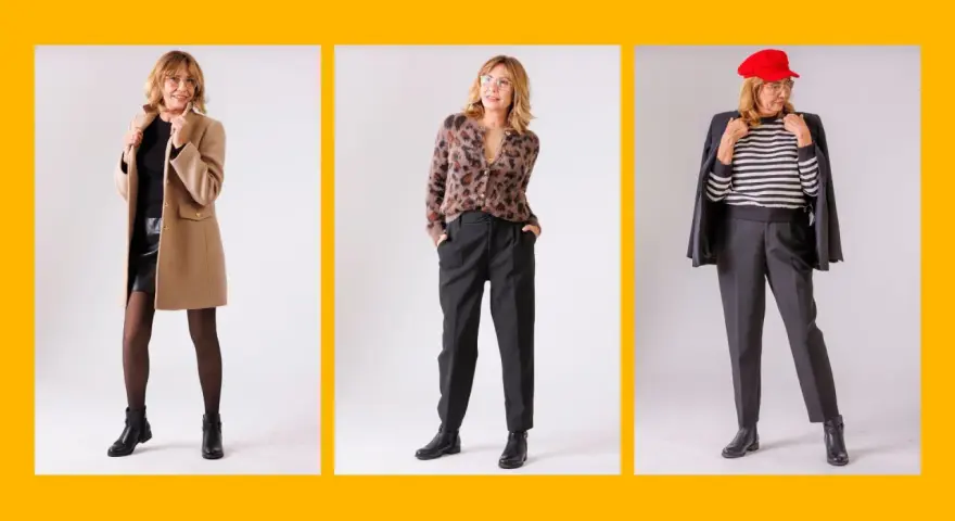 Elegancka kobieta po 60. prezentuje trzy stylizacje: w płaszczu i spódnicy, w swetrze w panterkę i spodniach, oraz w marynarce, bluzce w paski i spodniach.
